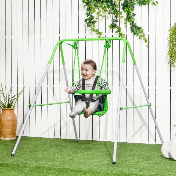 Baloiço Infantil de Aço Baloiço para Crianças de 6 - 36 Meses com Encosto Alto e Arnês de Segurança 122x146x122 cm Verde