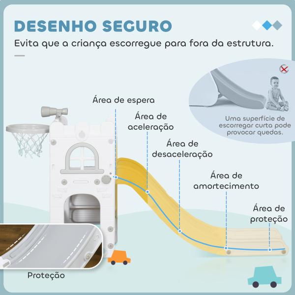 Escorrega Infantil 5 em 1 para Crianças com Cesto de Basquetebol Telescópio Escalador e Cesta Inferior 70x177x92 cm Branco e Cinza