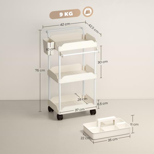 Carrinho Auxiliar com Rodas de 3 Níveis com Cestos Extraíveis Suporte para Toalhas e Estrutura de Metal 42x42,5x76 cm Branco