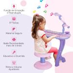 Piano Infantil 37 Teclas Teclado Eletrônico Brinquedo Educacional para Crianças + 3 Anos com Microfone Banco de Luzes e 22 Canções USB/MP3 Karaokê Rosa