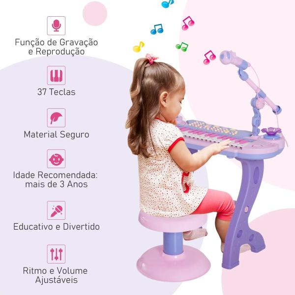 Piano Infantil 37 Teclas Teclado Eletrônico Brinquedo Educacional para Crianças + 3 Anos com Microfone Banco de Luzes e 22 Canções USB/MP3 Karaokê Rosa