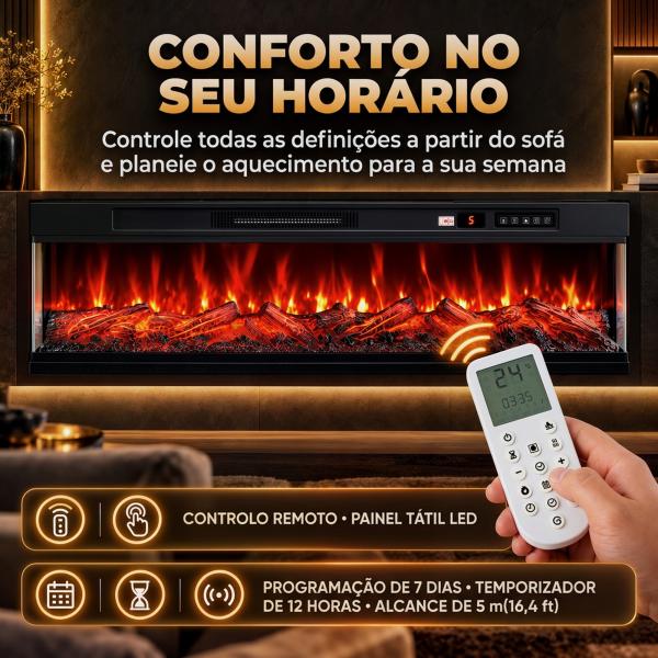 Lareira Elétrica Encastrável ou de Chão 750/1500W, 3 Lados, 12 Cores de Chama 3D, Termóstato, Comando à Distância, Preto