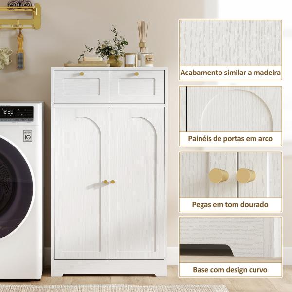 Armário de Casa de Banho Estreito com 2 Gavetas Prateleira Aberta e Porta com Painel Arqueado 60x30x108 cm Branco Texturizado