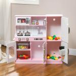 Cozinha de Brincar para Crianças acima de 3 anos Cozinha Infantil de Madeira com Acessórios Máquina de Gelo Ardósia e Telefone 83,8x26,8x81 cm Rosa