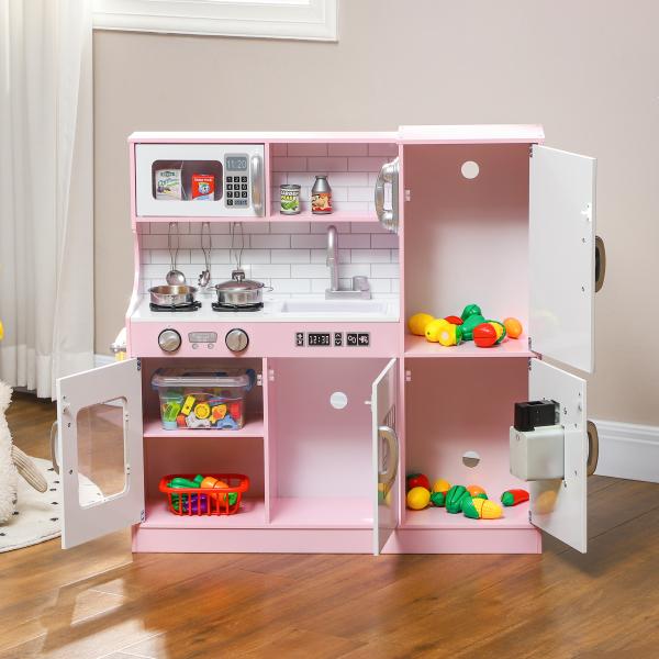 Cozinha de Brincar para Crianças acima de 3 anos Cozinha Infantil de Madeira com Acessórios Máquina de Gelo Ardósia e Telefone 83,8x26,8x81 cm Rosa