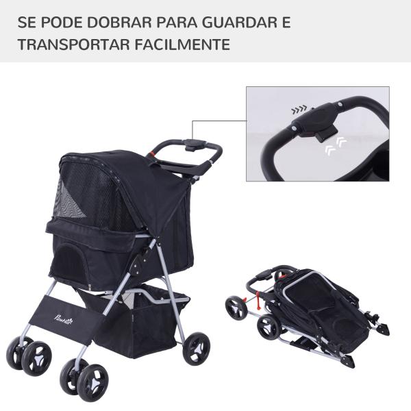 Carrinho para Animais de Estimação Dobrável para Cães com Capô Ajustável Cesta de Armazenamento e Rodas com Freio Tecido Oxford Estrutura de Aço 74x46x94cm Preto
