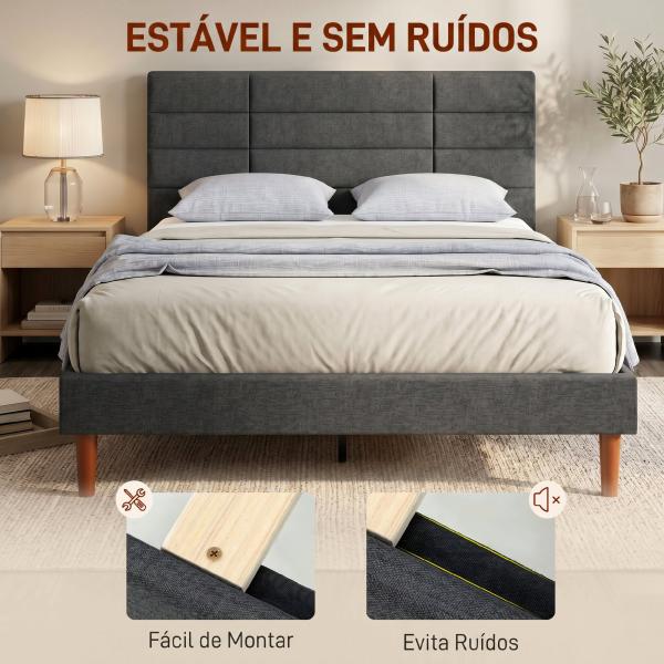Cama Estofada 140x200 cm com Cabeceira Almofadada, Estrado de Ripas e Espaço Livre Inferior, Cinzento