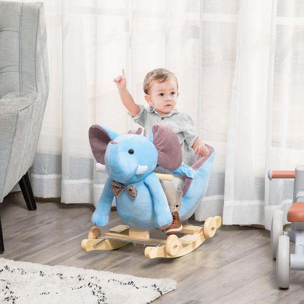 Cavalo Baloiço com Rodas e Forma de Elefante com Músicas Infantis e Cinto de Segurança 60x35x45 cm Azul