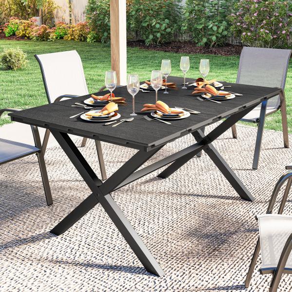 Mesa de Jantar Retangular para Jardim para 6 Pessoas com Tampo de HDPE Efeito Ripas e Estrutura Metálica 150x90x74 cm, Preto