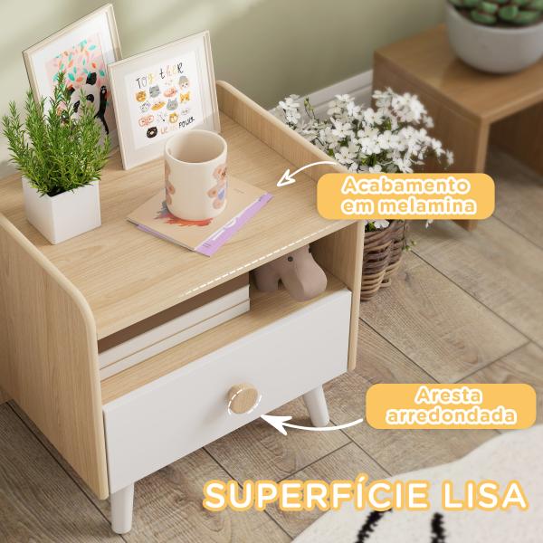 Mesa de Cabeceira Infantil de Madeira Mesa de Cabeceira para Crianças com Gaveta Bordas Redondas 40x32,5x40 cm Branco e Madeira