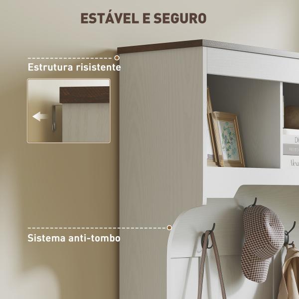 Móvel Cabide de Entrada com Banco Sapateira 5 Ganchos 3 Prateleiras Armário e Compartimentos Estilo Rústico 105x40x180 cm Branco