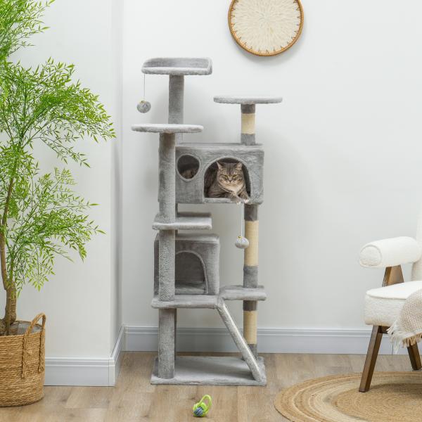 Arranhador para Gatos com Postes de Sisal Plataformas Cavernas Bolas Pendentes e Redes 49x49x138 cm Cinza Claro