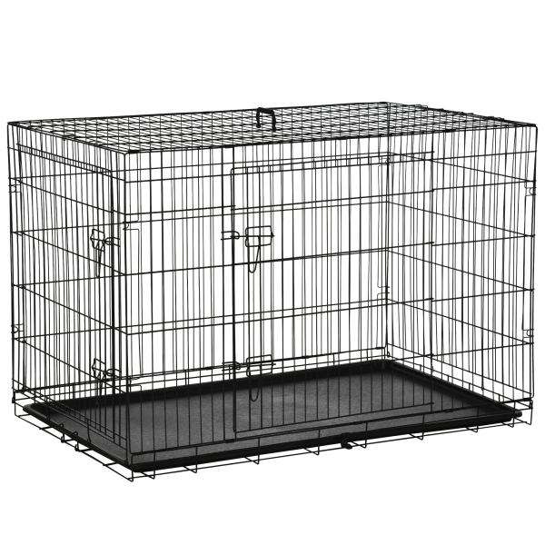 Gaiola para Cães com 2 Portas Gaiola para Animais de Estimação de Arame Dobrável com Alça de Transporte Aço 121x74,5x81cm Preto