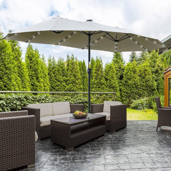 Chapéu de Sol Duplo de Jardim com 48 Luzes LED Solar 450x265x240cm com Manivela Proteção Solar para Terraço Cinza Claro