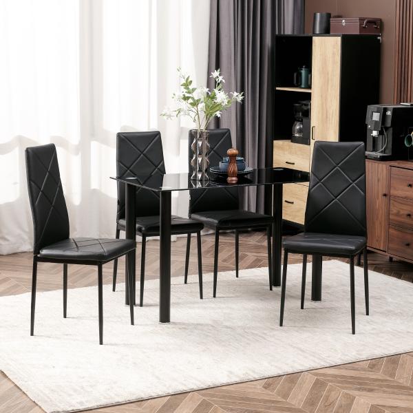 Conjunto de 4 Cadeiras de Sala de Jantar Estofadas em Couro Sintético com Encosto Alto e Pés de Aço 41x50x97 cm Preto