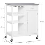 Carrinho de Cozinha com Rodas 1 Gaveta Prateleiras Suporte para 4 Garrafas e Armário Carga 40kg 76x48x88cm Branco e Cinza