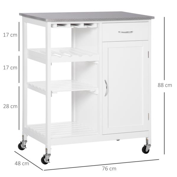 Carrinho de Cozinha com Rodas 1 Gaveta Prateleiras Suporte para 4 Garrafas e Armário Carga 40kg 76x48x88cm Branco e Cinza