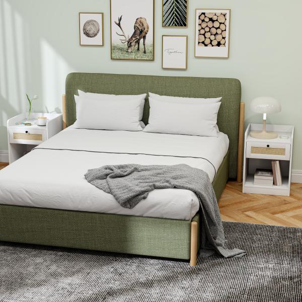 Conjunto de 2 Mesas de Cabeceira Mesas de Cabeceira para Dormitório com Gaveta em Vime 40x40x53 cm Branco