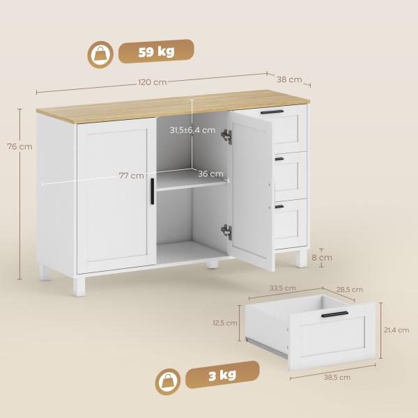 Aparador Moderno para Sala de Estar com 2 Portas e 3 Gavetas Prateleira Ajustável para Sala de Jantar Entrada 120x38x76 cm Branco