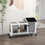 Coelheira de Madeira com Rodas para 1 - 2 Coelhos com Teto Abatível Bandeja Amovível 108x58x73,5 cm Cinza e Branco
