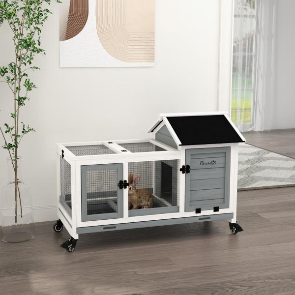 Coelheira de Madeira com Rodas para 1 - 2 Coelhos com Teto Abatível Bandeja Amovível 108x58x73,5 cm Cinza e Branco
