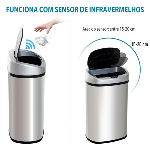 Balde de Lixo Inteligente de Aço Inoxidável 30L com Sensor Infravermelho de Abertura Automática 33x25x58 cm Prata e Preto