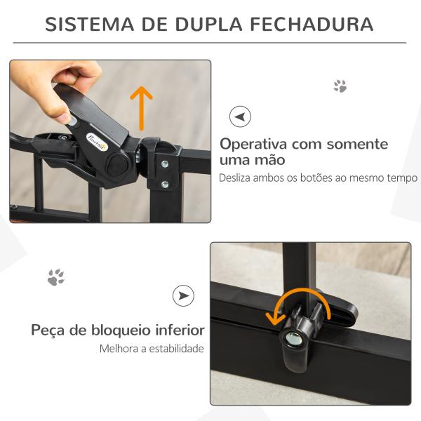 Barreira de Segurança para Cães Extensível para Portas Escadas 74 - 105cm com 2 Extensões de 10 e 15cm com 2 Portas e Fechadura Automática Aço Preto