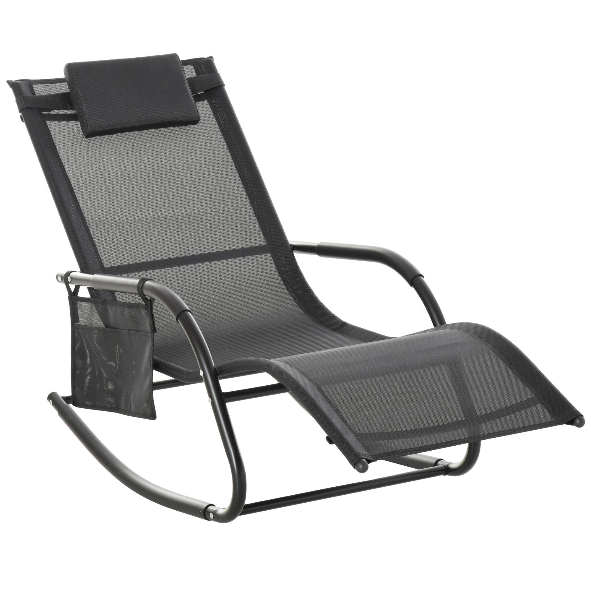 Espreguiçadeira Baloiço de Exterior com Apoio de Cabeça Acolchoado e Bolso Lateral 150x62x88 cm Preto