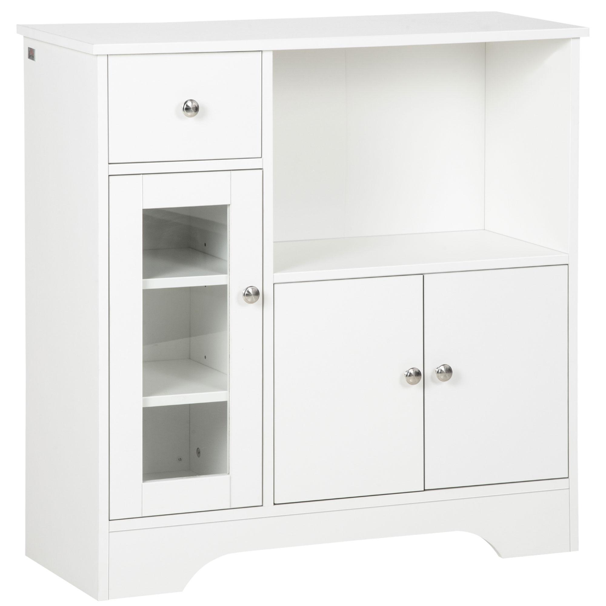 Aparador Moderno com Porta de Vidro Gaveta Prateleira Aberta e Prateleiras Ajustáveis Móvel Auxiliar 80x30x82cm Branco