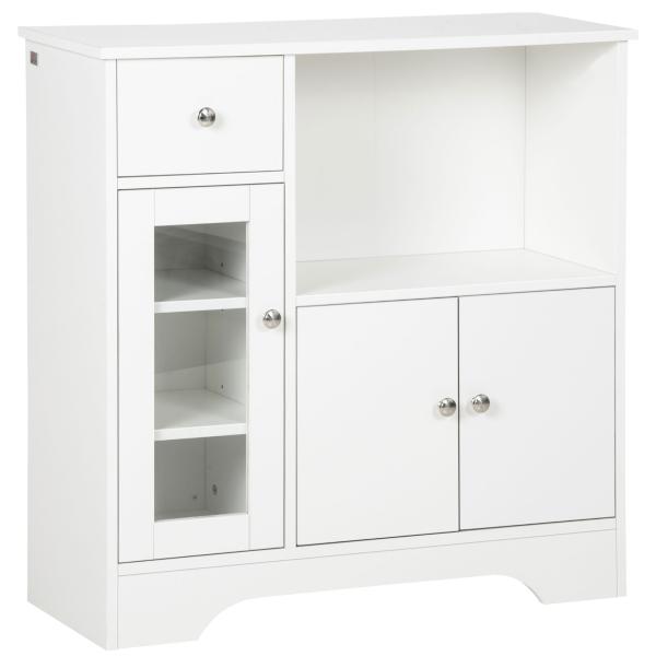 Aparador Moderno com Porta de Vidro Gaveta Prateleira Aberta e Prateleiras Ajustáveis Móvel Auxiliar 80x30x82cm Branco