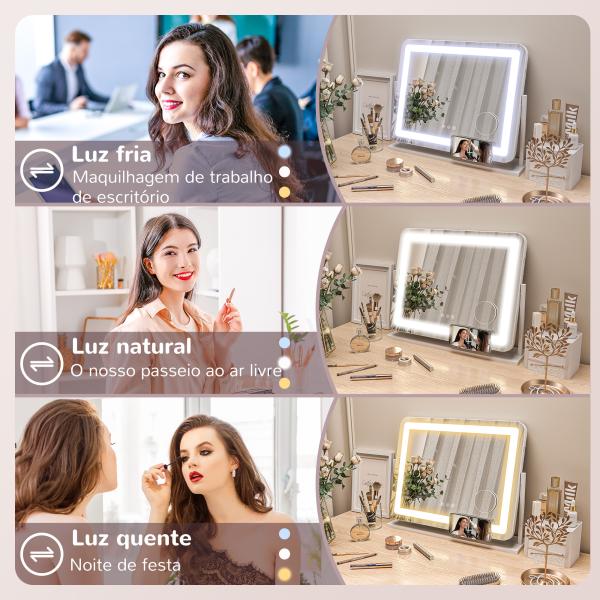 Espelho de Maquilhagem com Luzes 3 Modos de Iluminação Suporte para Telemóvel e Entrada USB 62,5x14x49,5 cm Branco