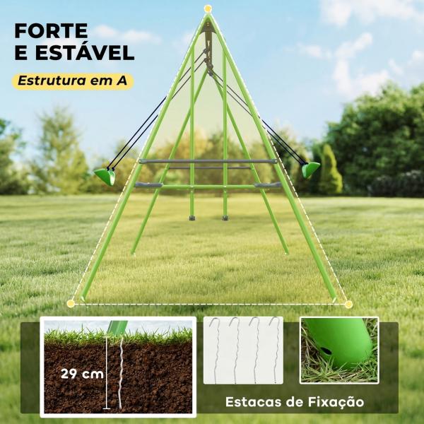 Conjunto de Baloiços de Jardim com Altura Ajustável Baloiços para Crianças com Baloiço Duplo 280x140x178 cm Verde