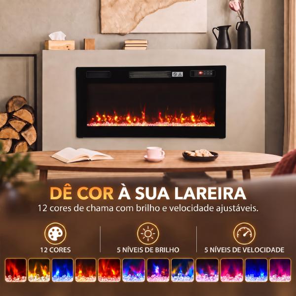 Lareira Elétrica Ultrafina 900/1800W Encastrável/De Parede/De Pé, 12 Cores de Chama 3D, Controlo Remoto, até 35 m², Preta