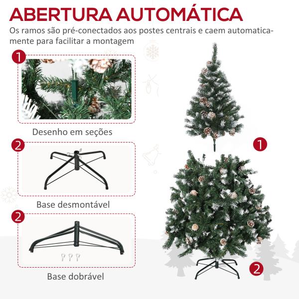 Árvore de Natal Artificial 150cm com 676 Ramas e 41 Pinhas Folhas de PVC com Efeito de Neve Base Dobrável e Suporte Metálico para Interiores Verde