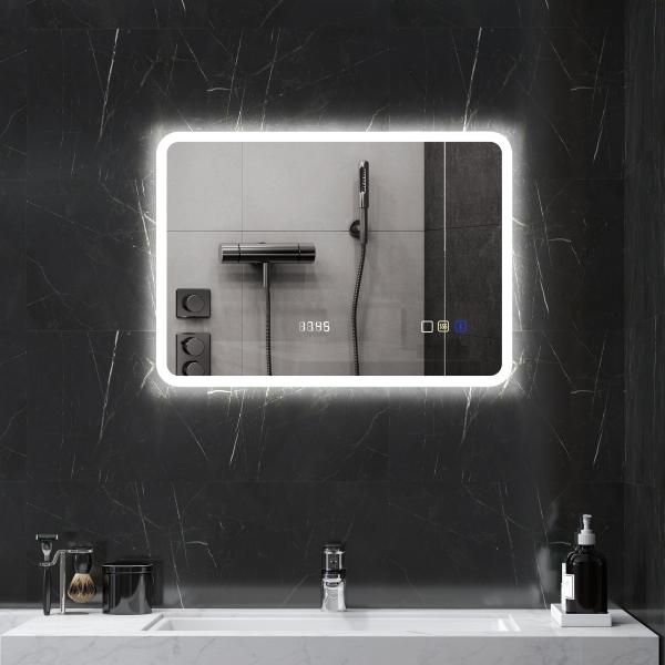 Espelho de Casa de Banho com Luz LED 70x50 cm Bluetooth 3 Cores de Luz Relógio Digital Função Antiembaciamento Função de Memória Prata