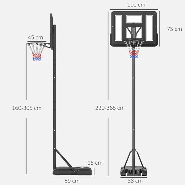 Cesta de Basquetebol com Altura Ajustável 220 - 365 cm Aro de Basquetebol com Suporte Rodas Base Recarregável Preto