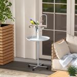 Comedouro para Pássaros em Pé Ø60x138 cm com 4 Rodas 2 Recipientes de Aço Inoxidável e 2 Poleiros Branco