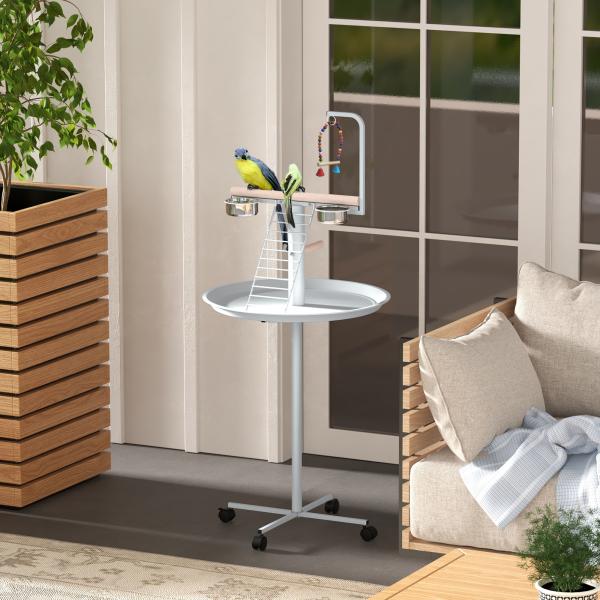 Comedouro para Pássaros em Pé Ø60x138 cm com 4 Rodas 2 Recipientes de Aço Inoxidável e 2 Poleiros Branco