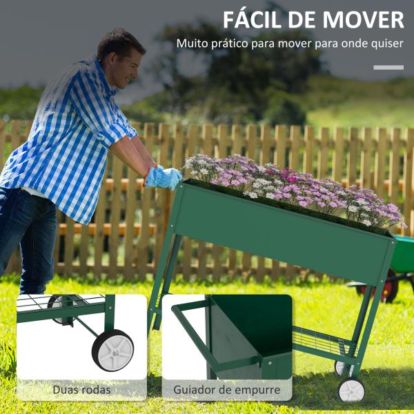 Horta Vertical Elevada de Metal Horta Vertical com Rodas Alça Lateral e Prateleira Inferior para Cultivo 109x44x80 cm Verde
