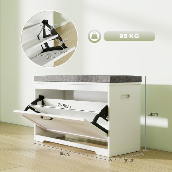 Banco Sapateira Moderno com Assento Acolchoado Prateleira Ajustável para 8 Pares de Sapatos 80x30x50 cm Branco