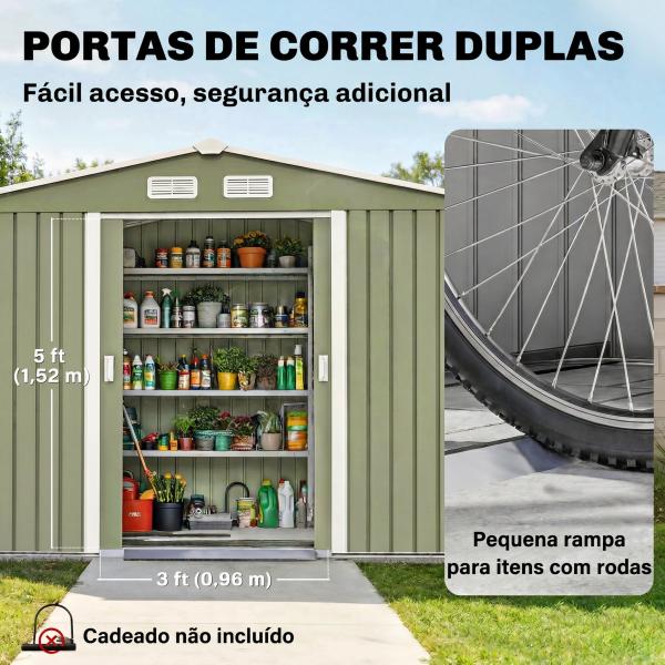 Abrigo de Jardim 4,83m² 277x195x192cm Abrigo Metálico para Armazenamento de Ferramentas com Base de Reforço Incluída Verde Claro