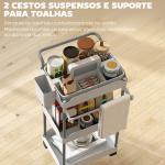 Carrinho Auxiliar com Rodas de 3 Níveis com Cestos Extraíveis Suporte para Toalhas e Estrutura de Metal 42x42,5x76 cm Cinza