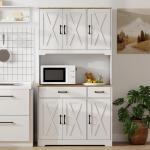 Armário de Cozinha Alto Móvel Auxiliar de Cozinha com Bancada Aberta para Micro - Ondas 2 Gavetas Prateleiras Ajustáveis 94x39,5x175,2 cm Branco