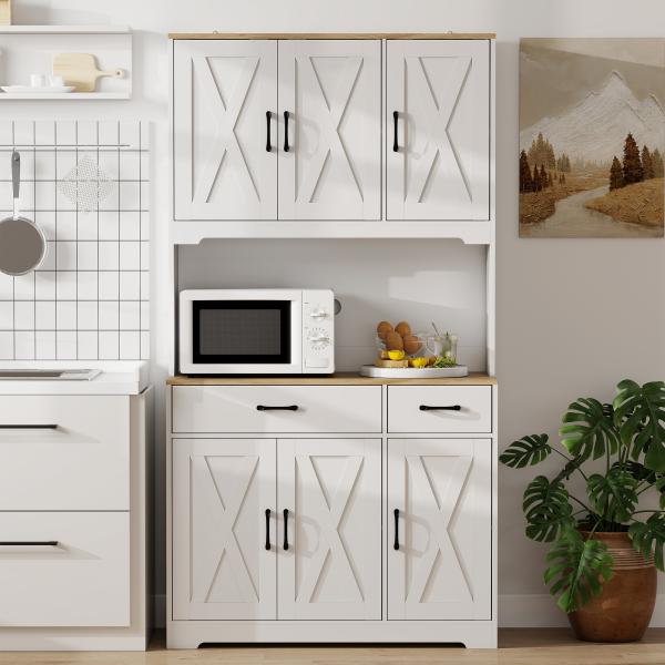 Armário de Cozinha Alto Móvel Auxiliar de Cozinha com Bancada Aberta para Micro - Ondas 2 Gavetas Prateleiras Ajustáveis 94x39,5x175,2 cm Branco