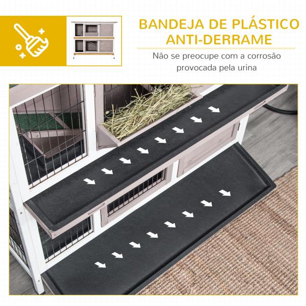 Coelheira de Madeira Exterior de 2 Níveis Gaiola para 1 - 2 Coelhos com Telhado com Abertura Comedouro Bandejas Removíveis Rampa e Portas com Fechadura 122x50x101cm Cor Areia
