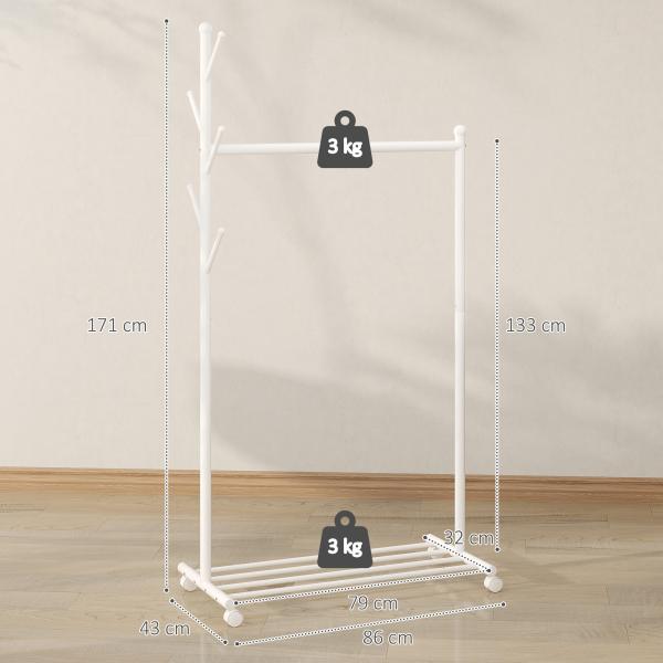 Charriot com Rodas 5 Ganchos Barra para Pendurar e Prateleira Inferior 86x43x171 cm Branco