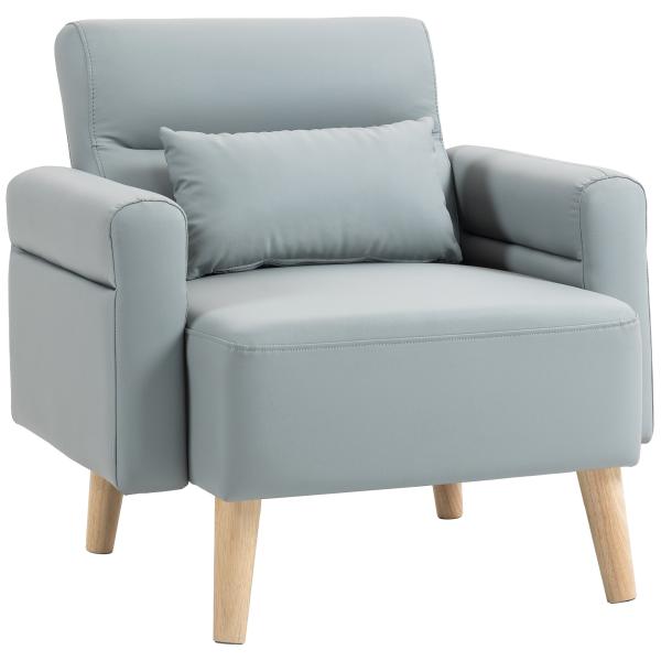 Poltrona Moderna Estofada em Couro Sintético com Apoios de Braço Acolchoados e Pés em Madeira 77x78x78 cm Cinzento