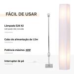 Candeeiro de Pé com 2 Casquilhos E27, Ecrã em Tecido, Interruptor de Pedal e Base em Aço Inoxidável, Branco