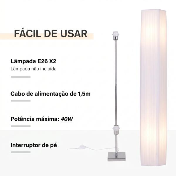 Candeeiro de Pé com 2 Casquilhos E27, Ecrã em Tecido, Interruptor de Pedal e Base em Aço Inoxidável, Branco