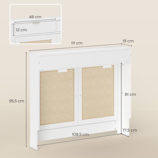 Cobertura para Radiador com Portas Rebatíveis e Vime Proteção Radiador de MDF 111x19x95,5 cm com Compartimento Desenho Boémio Branco